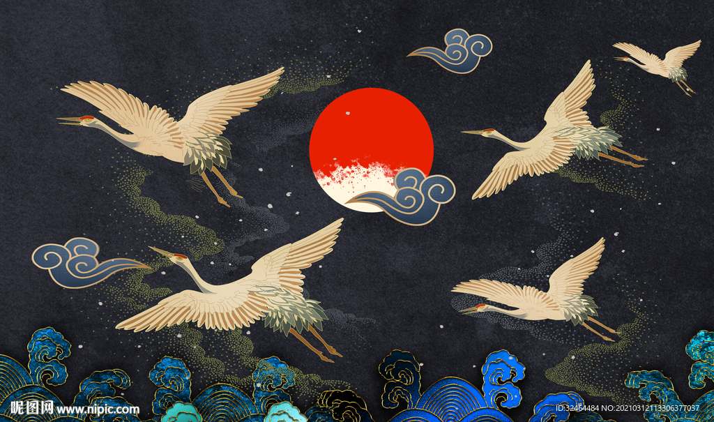 国潮故宫仙鹤背景墙