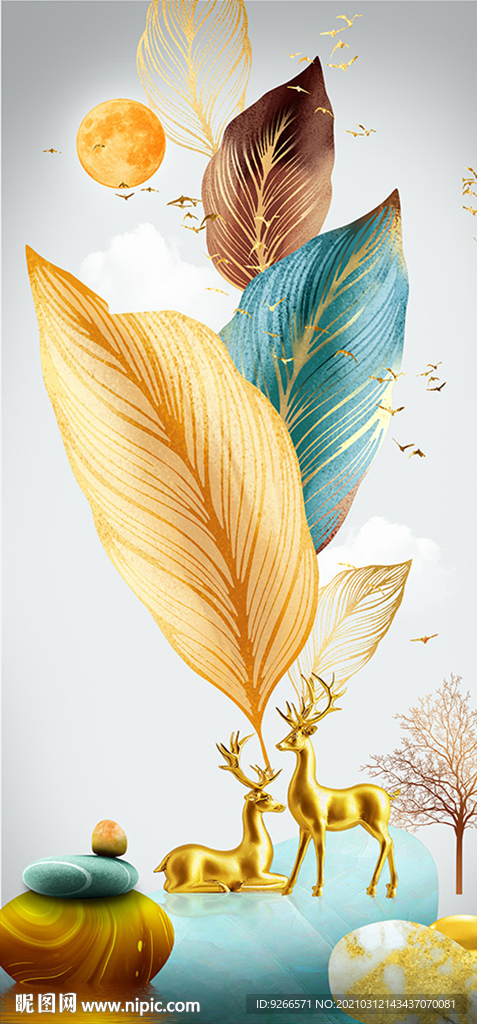 石来运转麋鹿羽毛玄关晶瓷装饰画