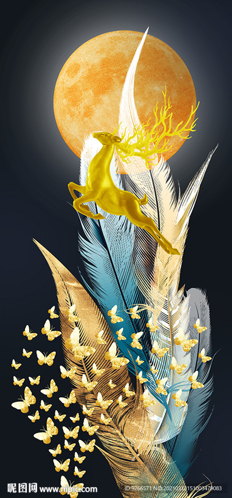 石来运转麋鹿羽毛玄关晶瓷装饰画