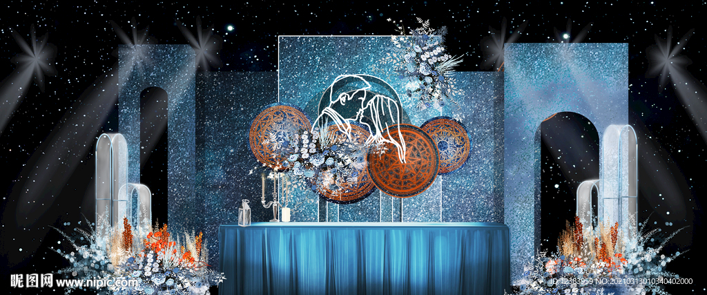 蓝橙色婚礼签到区