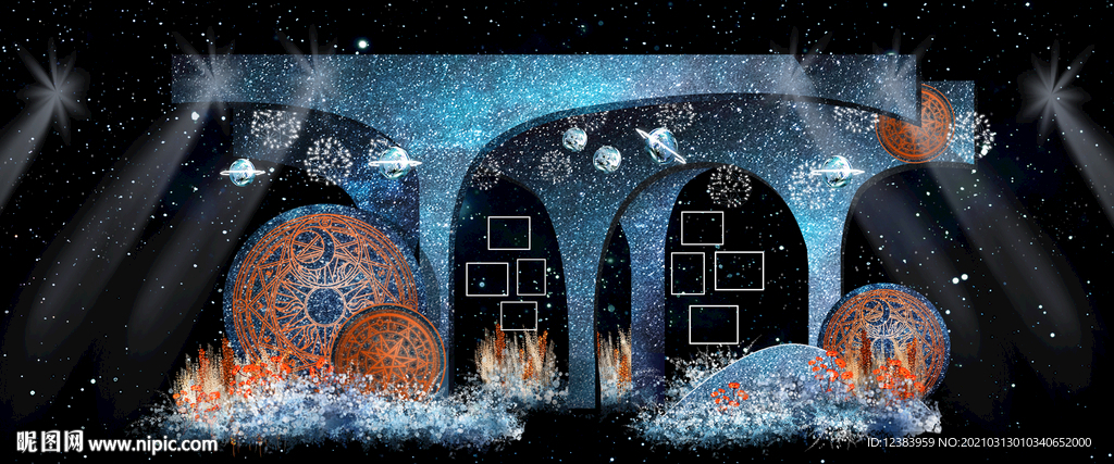 蓝橙色婚礼照片展示区