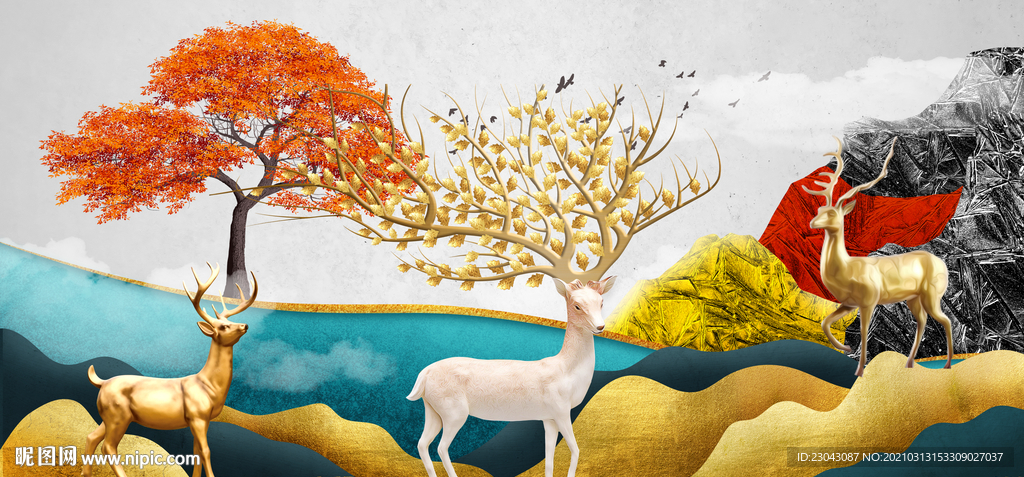 中式山水装饰画麋鹿