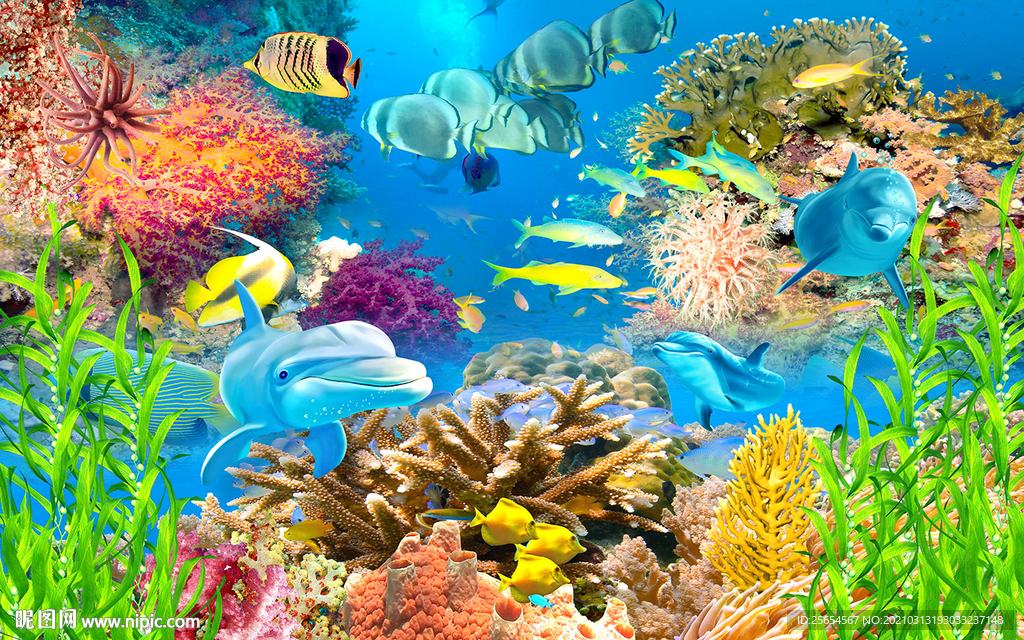 海豚珊瑚礁海族馆背景墙
