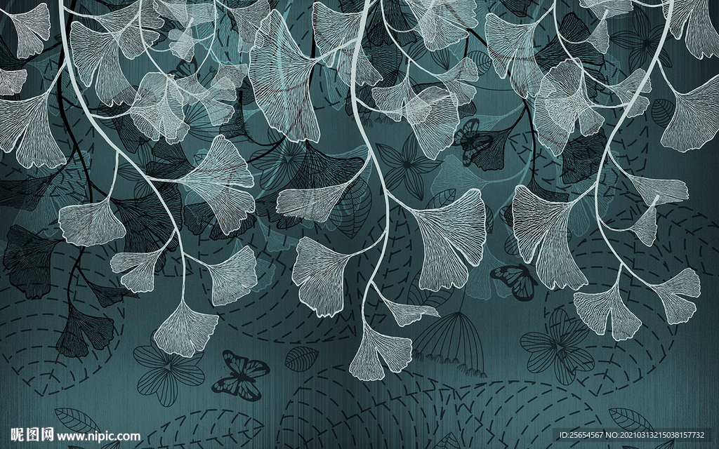 简约线描银杏叶子电视背景墙