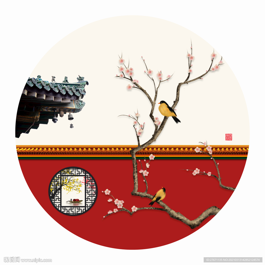 新中式桃花宫殿圆形装饰画