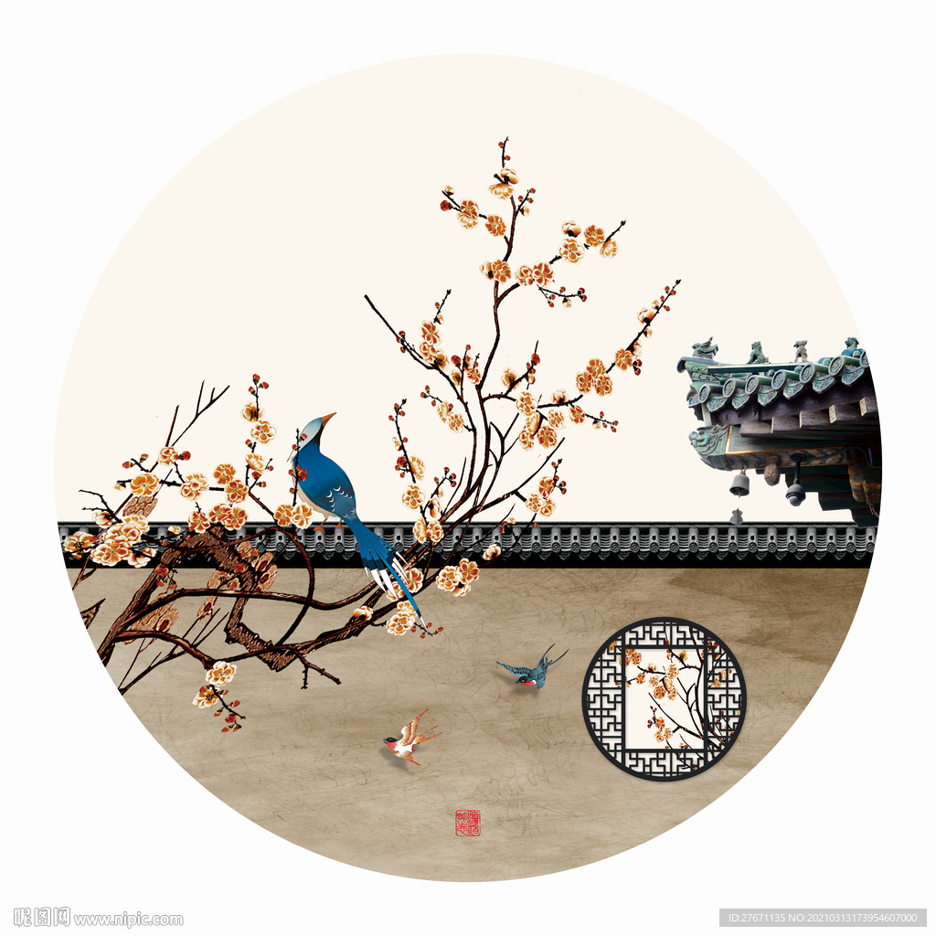 新中式梅花圆形装饰画