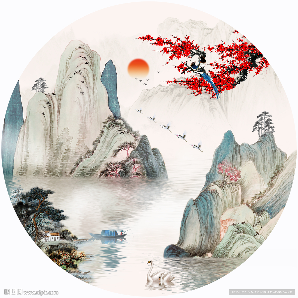 新中式山水圆形装饰画