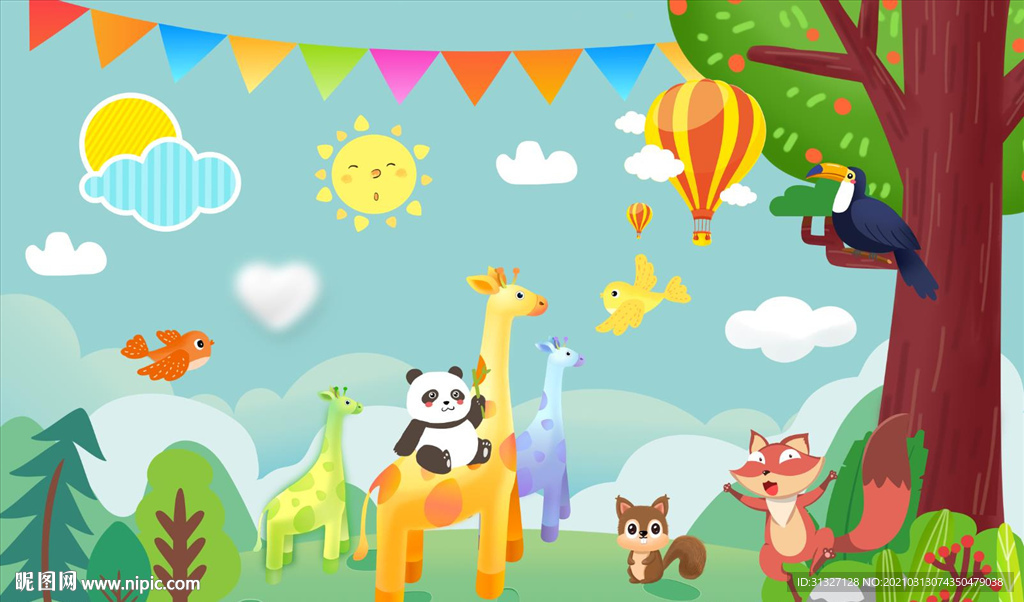 卡通儿童动物童话树林背景墙