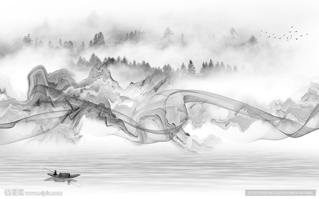 中国风新山水简约画 文件分层画