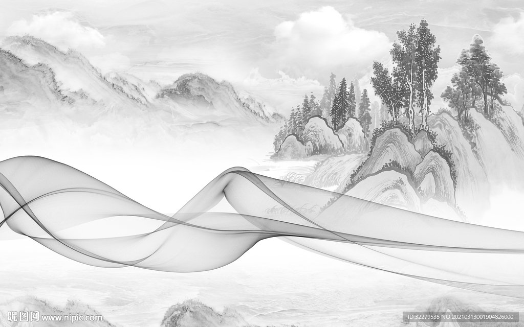 中式新山水简约画 文件分层画