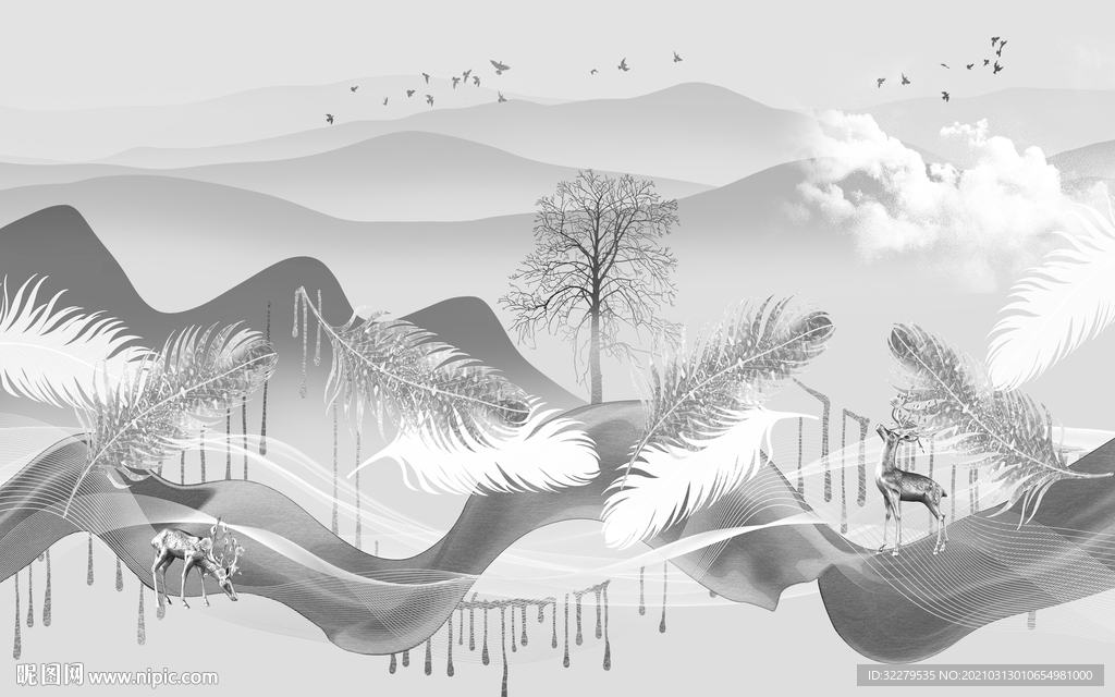 高档灰色新山水画 文件分层画