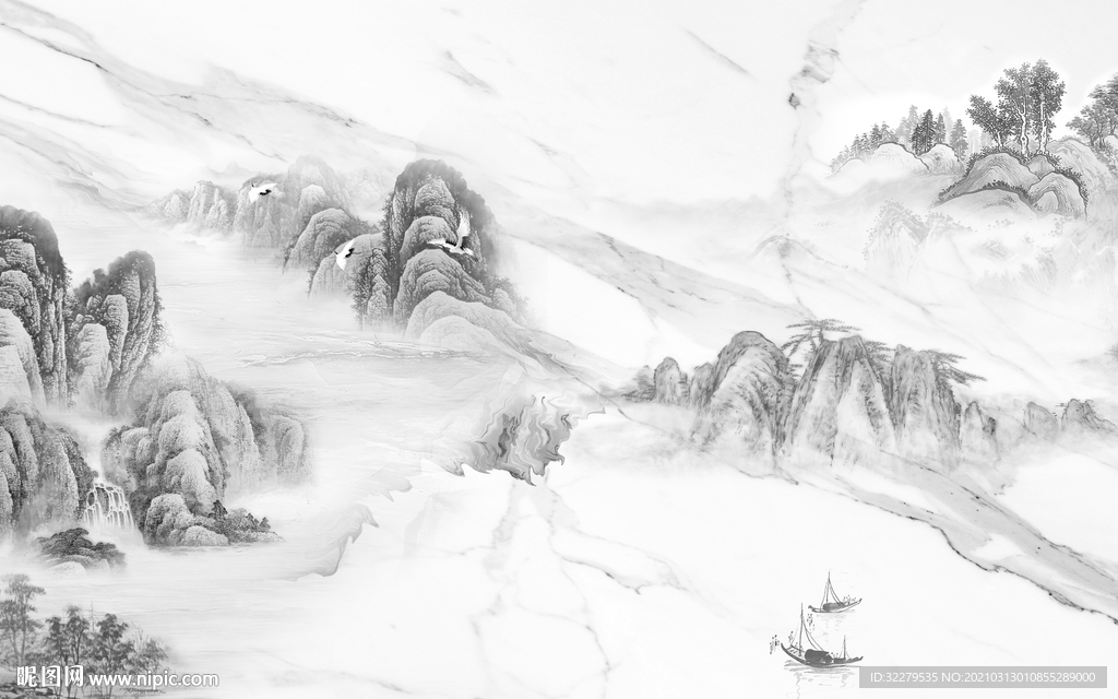 别墅灰色新山水画 文件分层画