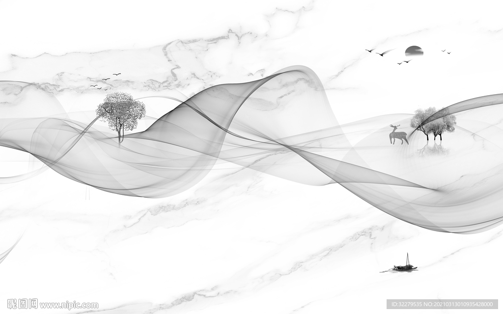 高清灰色新山水画 文件分层画
