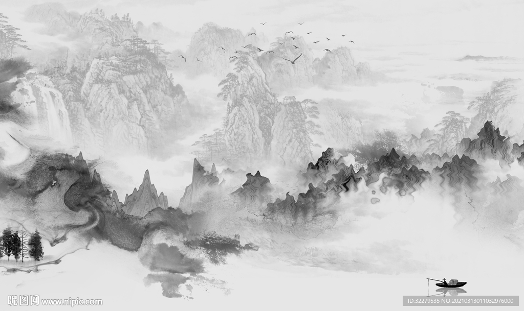 高雅灰色新山水画 文件分层画