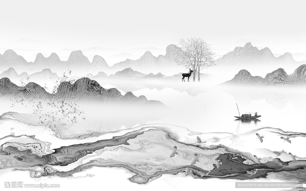 水墨灰色新山水画 文件分层画