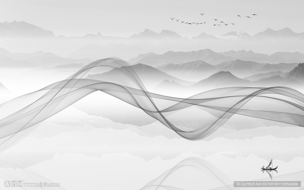 背景墙灰色新山水画 文件分层画