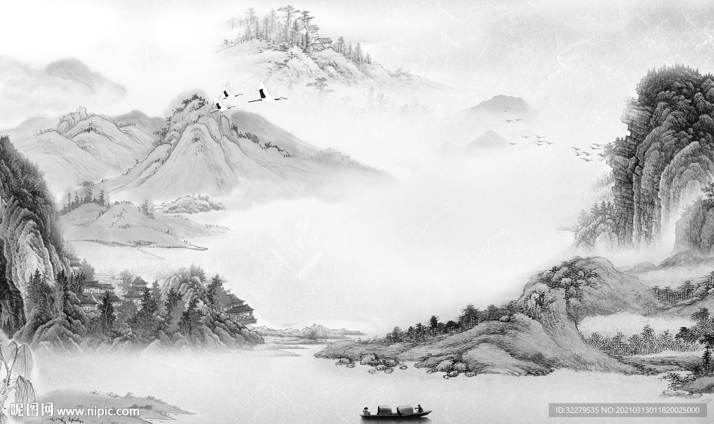 最新灰色新山水画 文件分层画