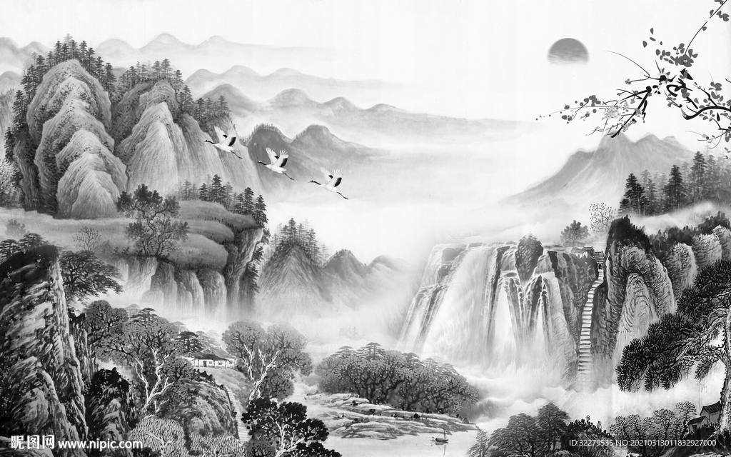 爆款灰色新山水画 文件分层画