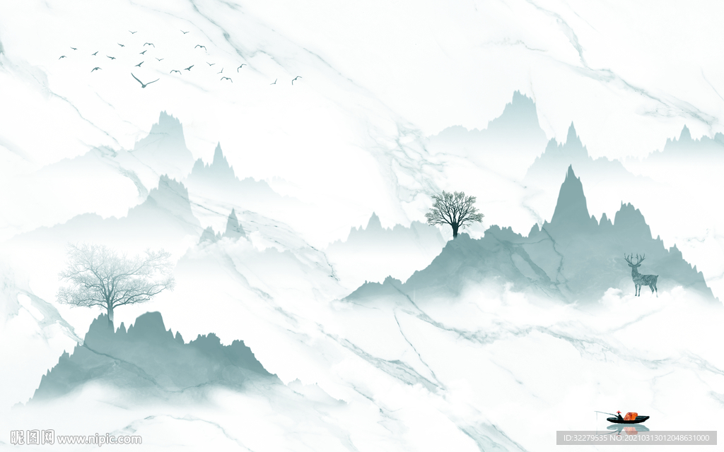 新品 灰色新山水画 文件分层画