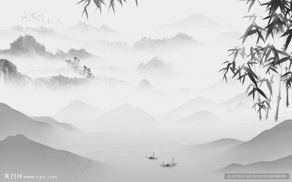 竹子灰色新山水画 文件分层画
