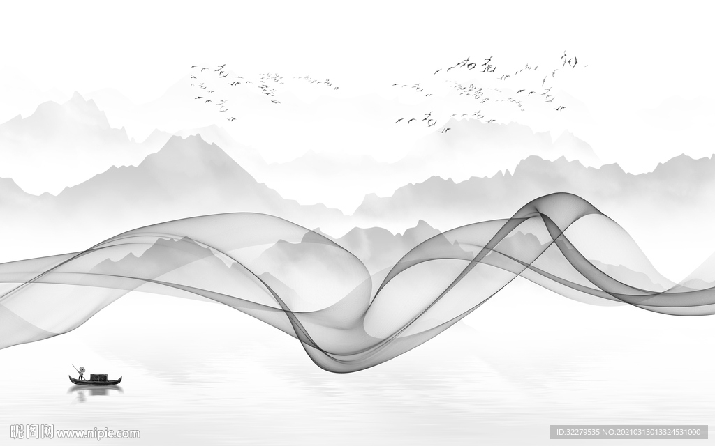 客厅灰色新山水画 文件分层画