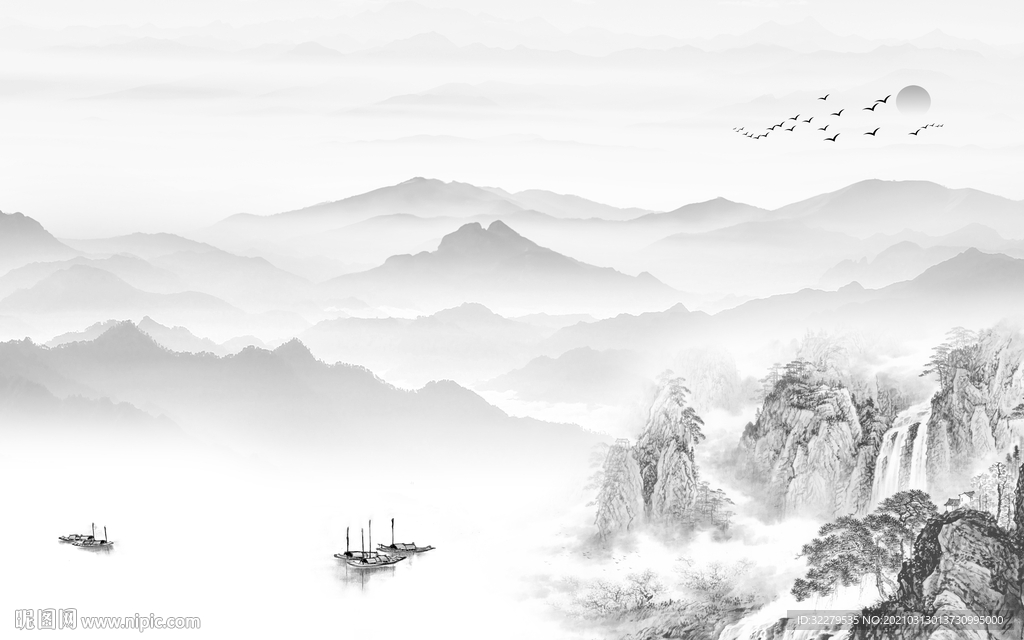 国画灰色新山水画 文件分层画