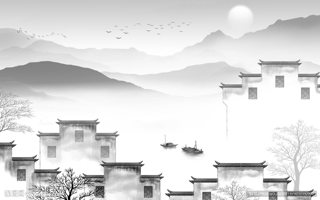 徽派灰色新山水画 文件分层画