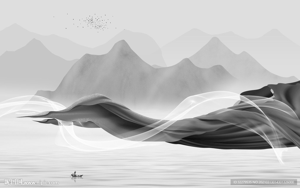 简约 灰色新山水画 文件分层画