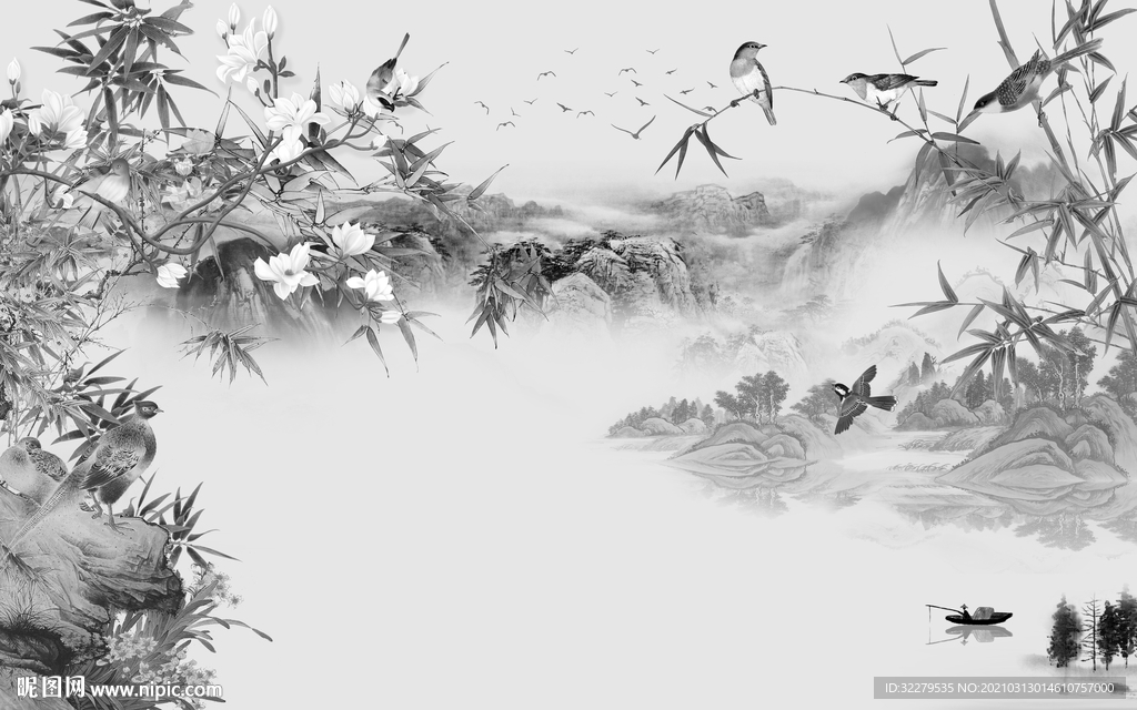 花鸟 灰色新山水画 文件分层画