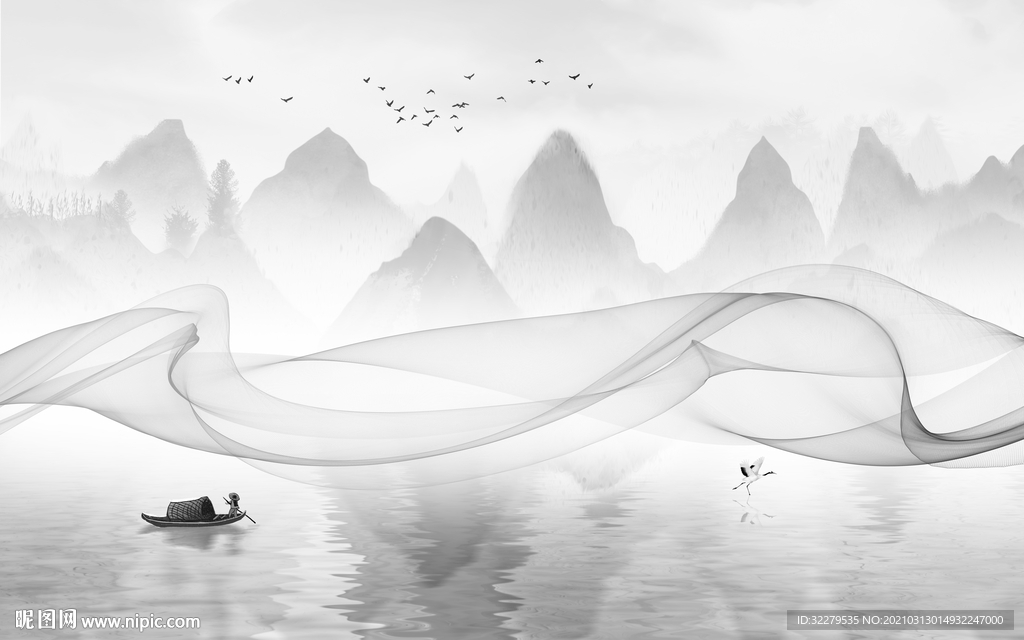 线条灰色新山水画 文件分层画