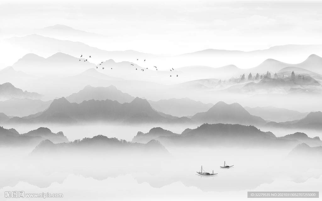 现代 灰色新山水画 文件分层画