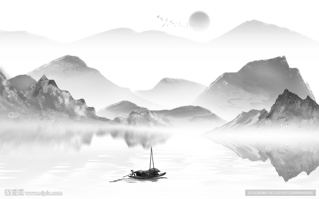 客厅背景山水墙画 文件分层