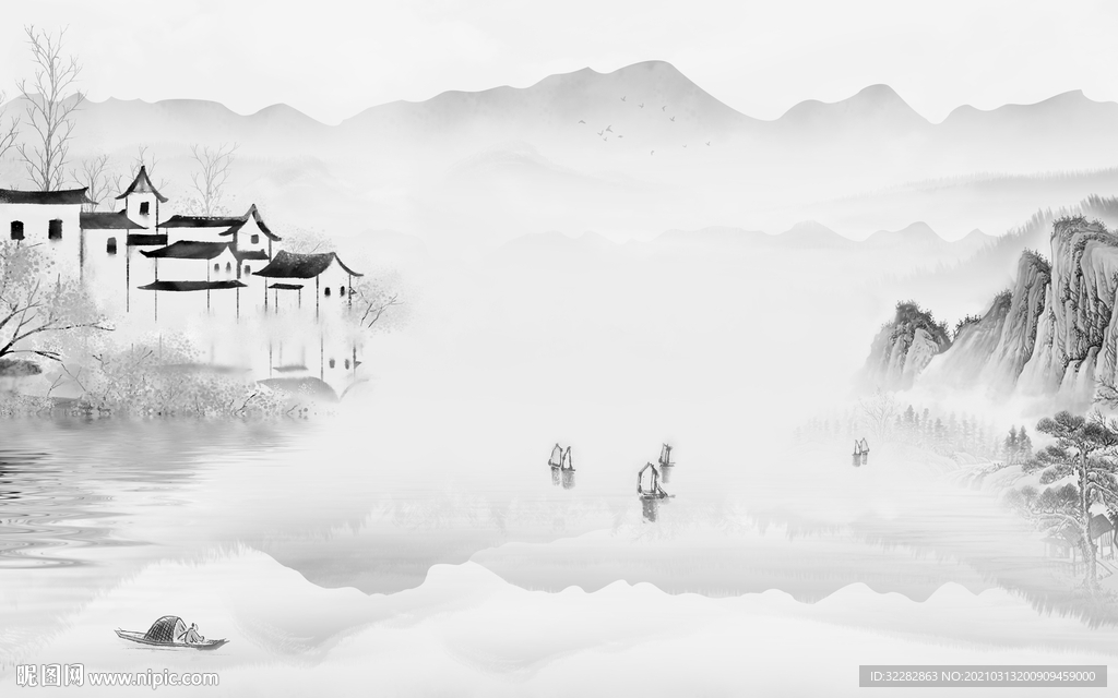 江南背景山水墙画 文件分层