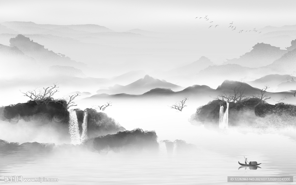 灰色背景山水墙画 文件分层