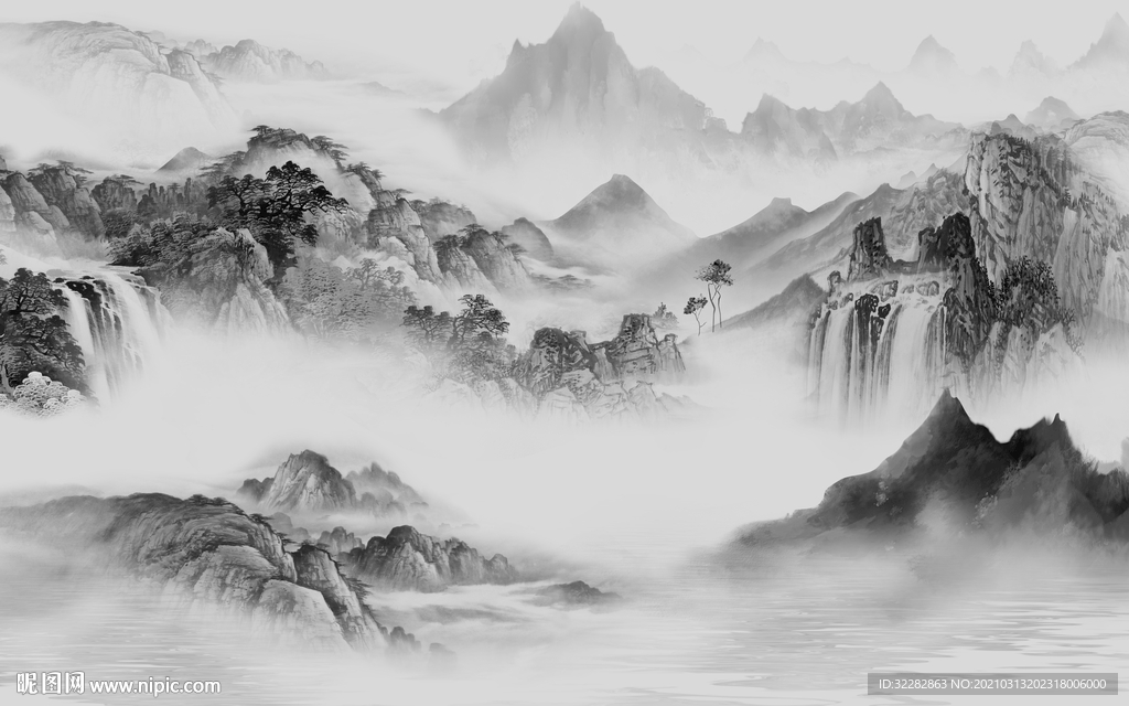 国画 背景山水墙画 文件分层