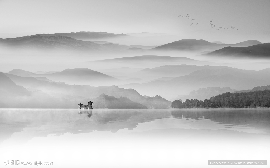 中式背景山水墙画 文件分层