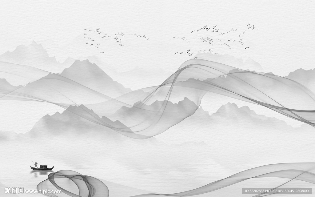 中国风背景山水墙画 文件分层