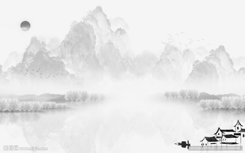 江南灰色背景山水 文件分层