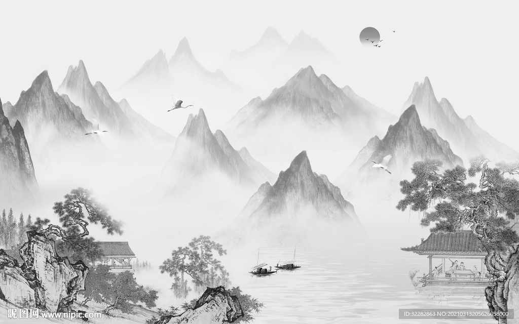 大气背景山水墙画 文件分层