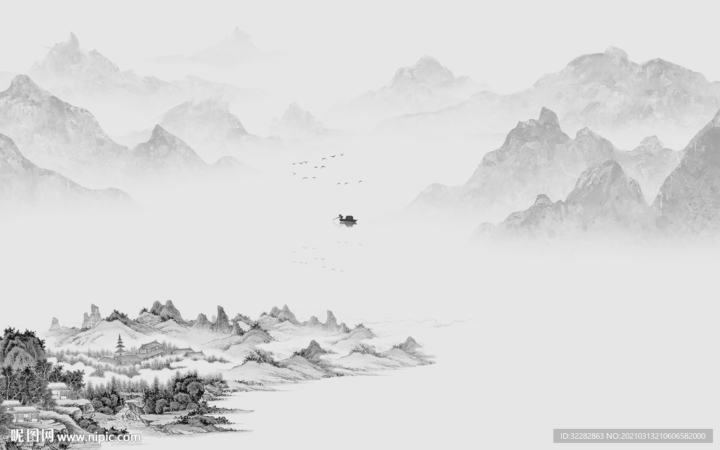 最新灰色背景山水 文件分层