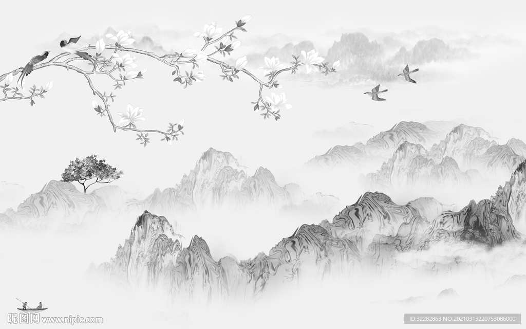 新中式灰色背景山水 文件分层