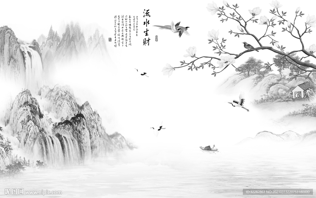 花鸟灰色背景山水 文件分层
