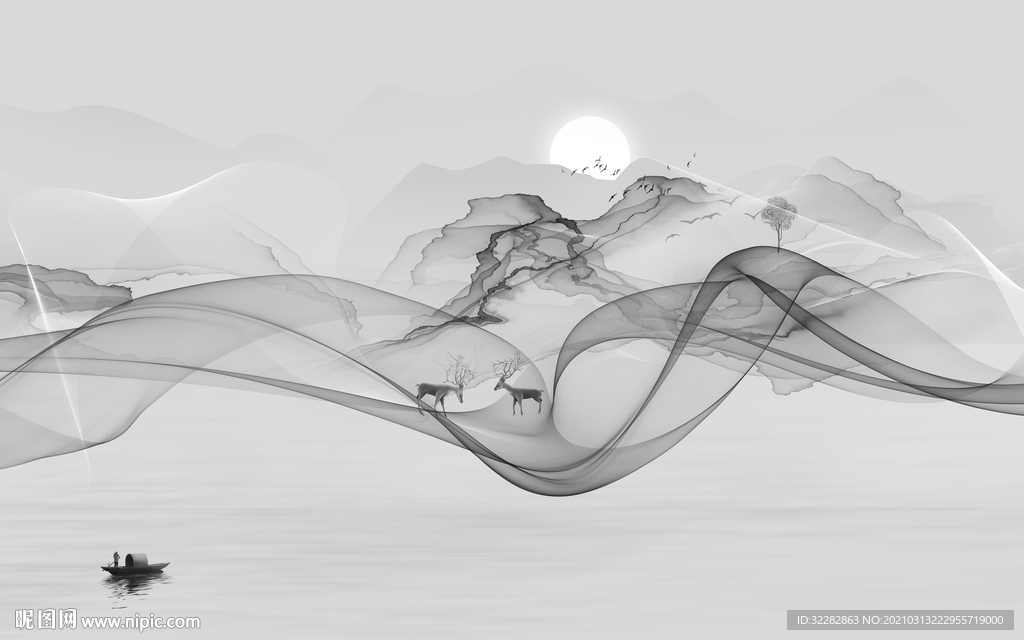 现代 灰色背景山水 文件分层