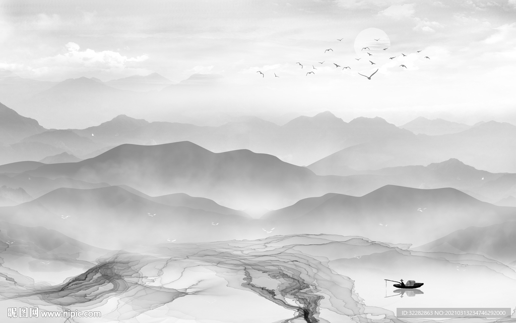 灰色高清背景山水 文件分层