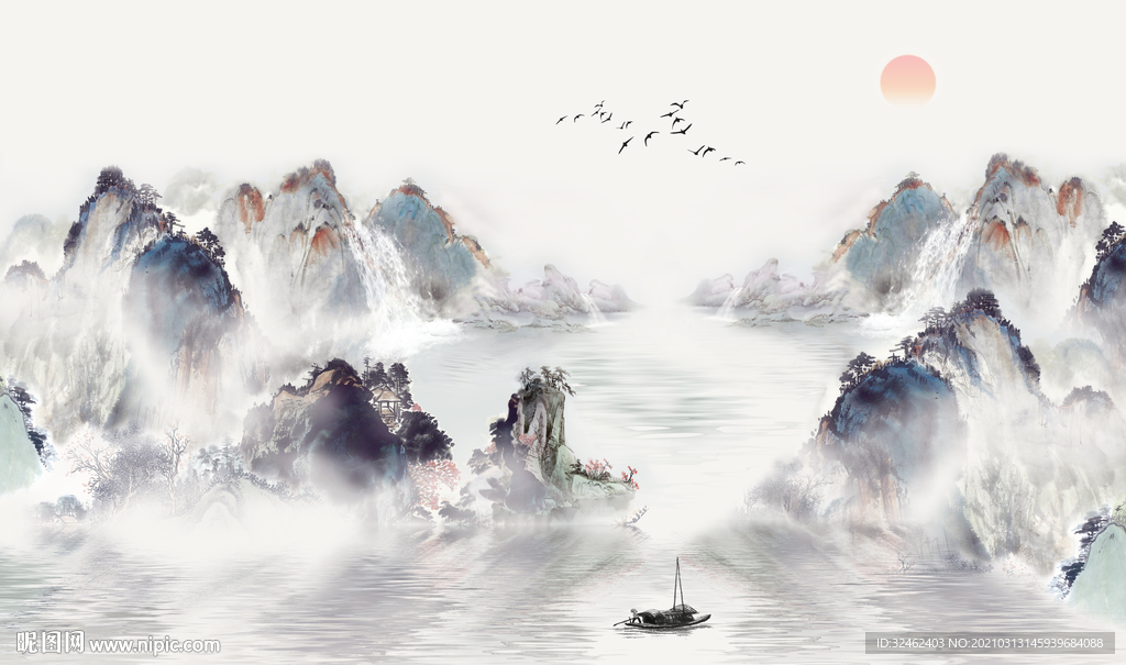水墨山水画背景墙