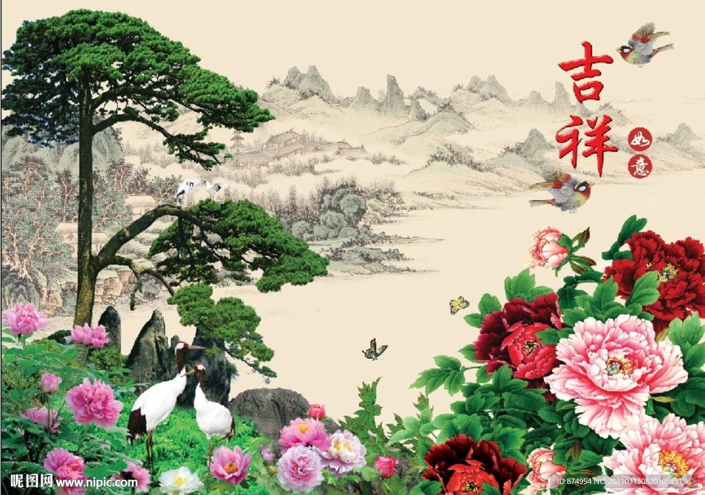 牡丹花松鹤延年吉祥鸟如意花开富