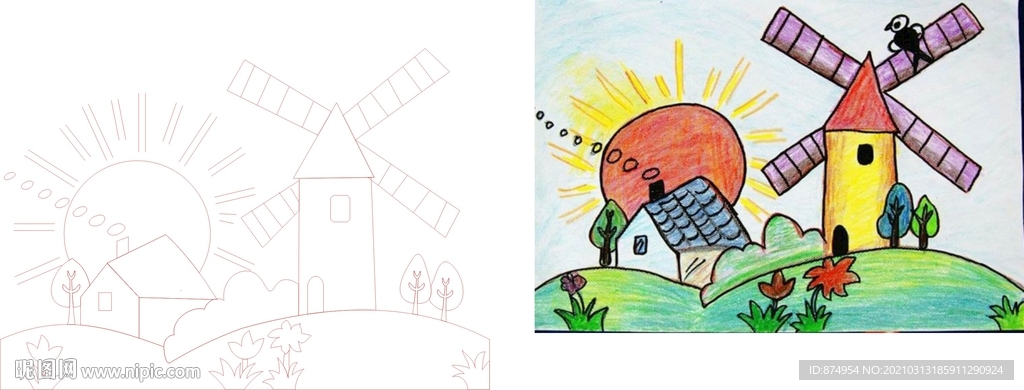 矢量儿童绘画太阳风车环保绿树花