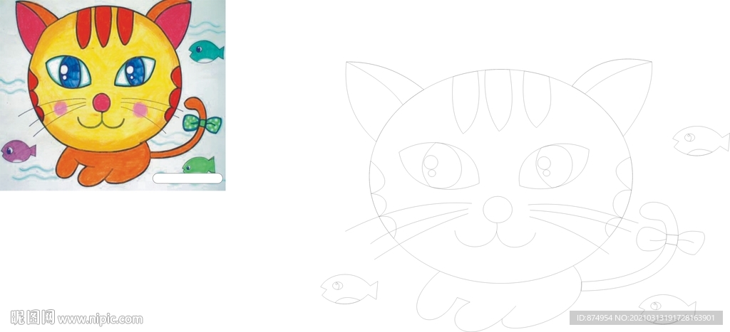 可爱矢量动漫小猫小鱼儿童绘画素