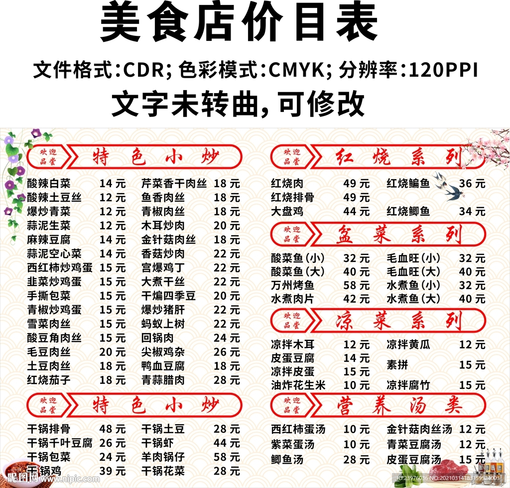 美食店价目表
