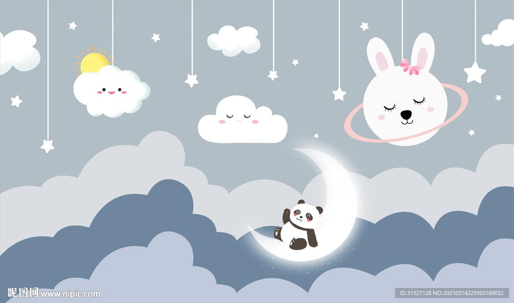 云朵动物儿童背景墙